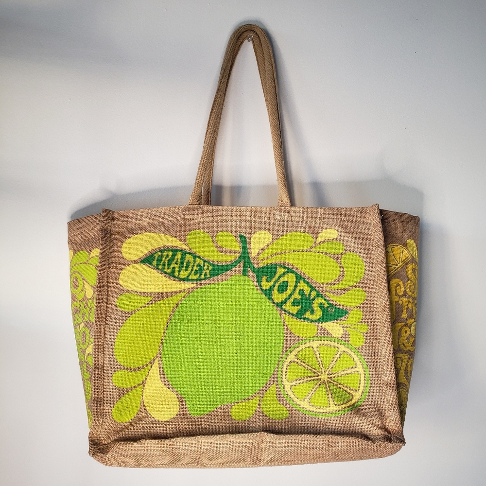 Trader Joe's Lemon Lime Burlap Market Tote Bag